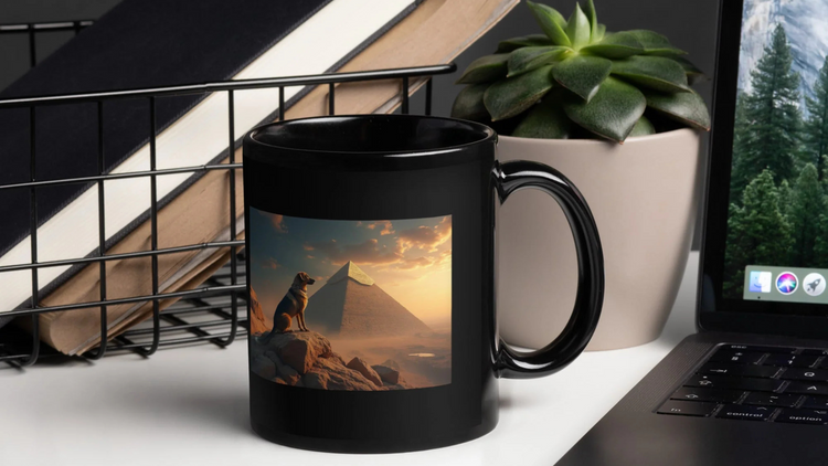 Black Glossy Mug - Dog & Pyramids Under the Sky