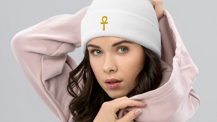 White Cuffed Beanie – Ankh – Key of Life