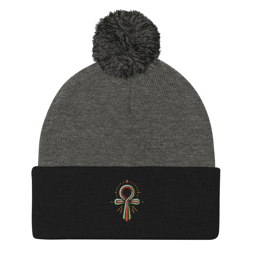 Pom-Pom Beanie with Ankh Charm – Stylish & Cozy pom-pom Refine Zone Dark Heather Grey/ Black