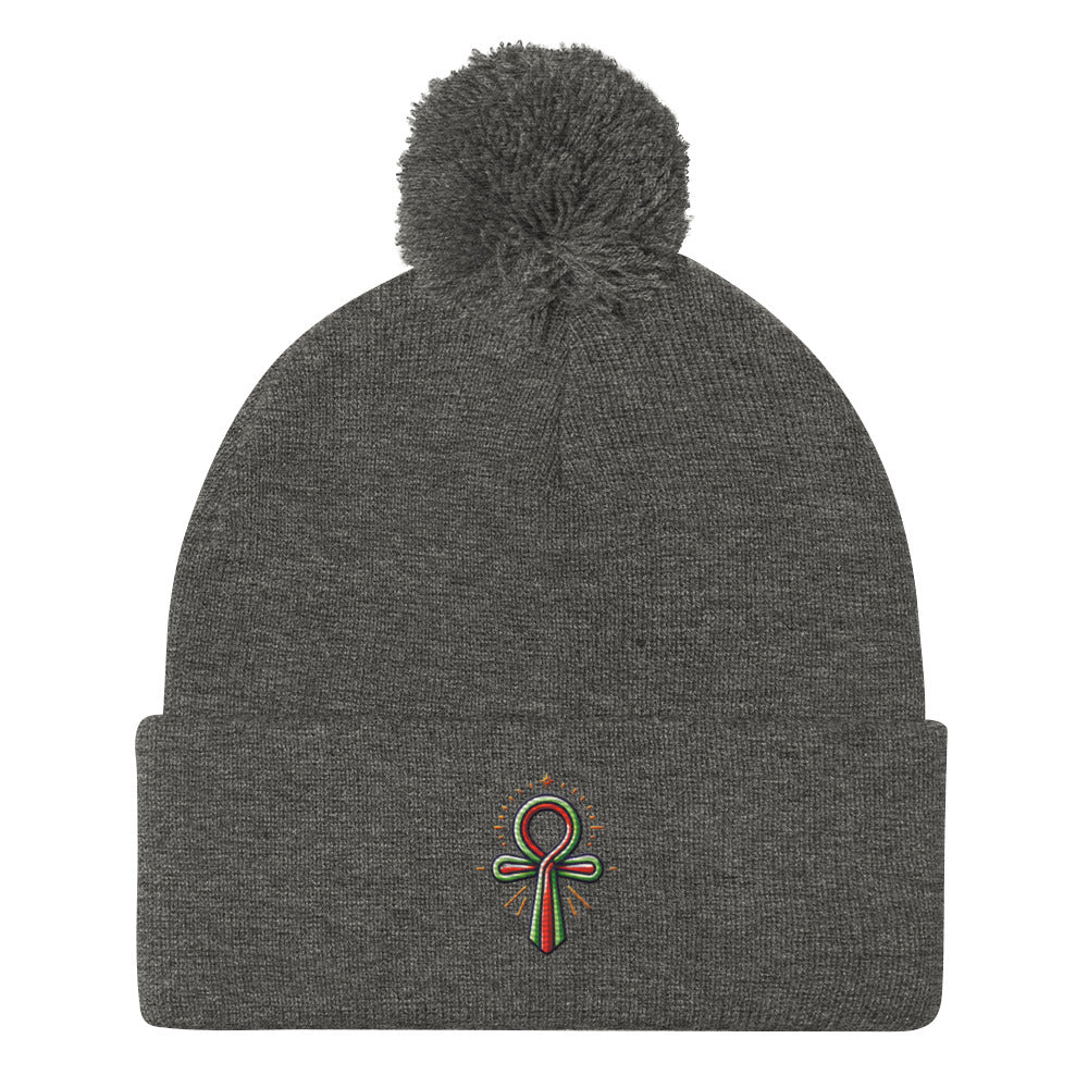 Pom-Pom Beanie with Ankh Charm – Stylish & Cozy pom-pom Refine Zone Dark Heather Grey