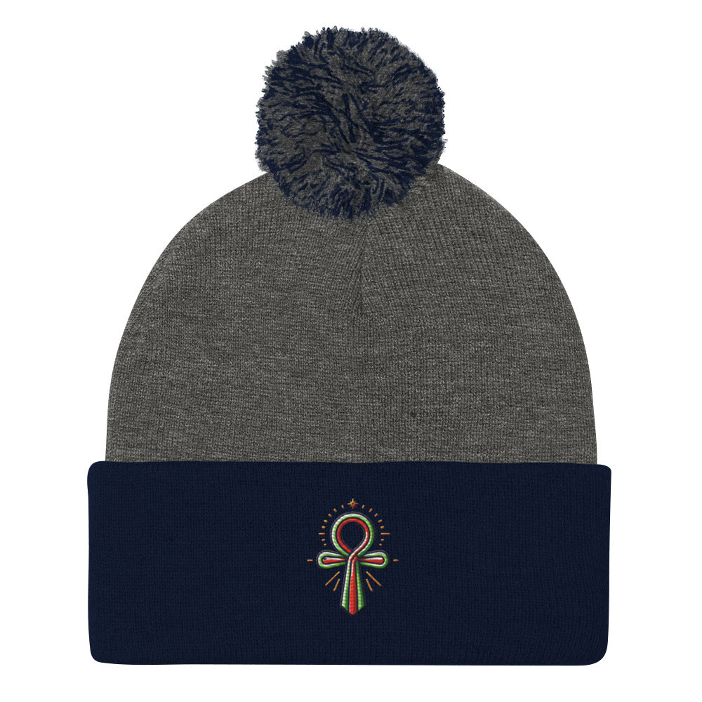 Pom-Pom Beanie with Ankh Charm – Stylish & Cozy pom-pom Refine Zone Dark Heather Grey/ Navy