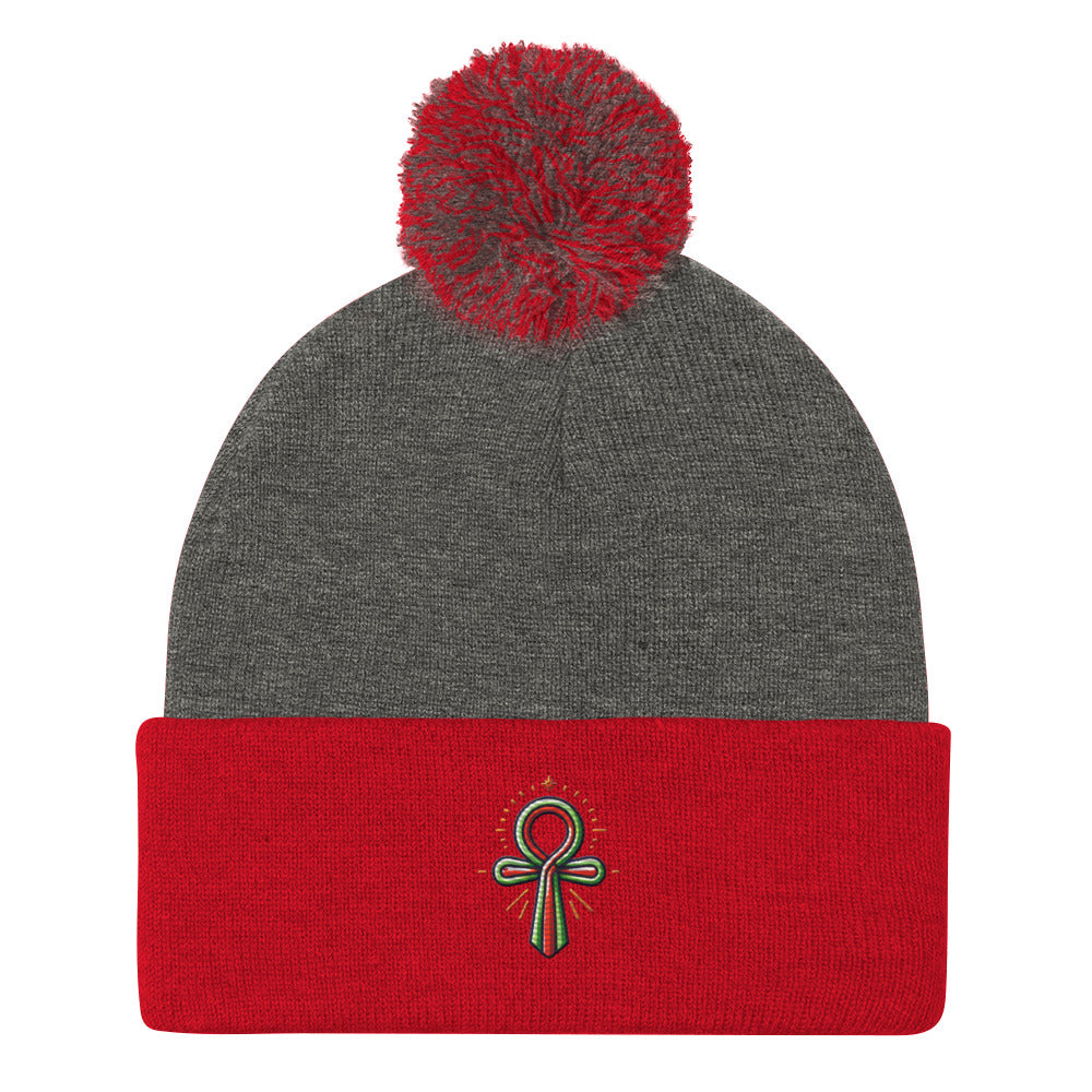 Pom-Pom Beanie with Ankh Charm – Stylish & Cozy pom-pom Refine Zone Dark Heather Grey/ Red