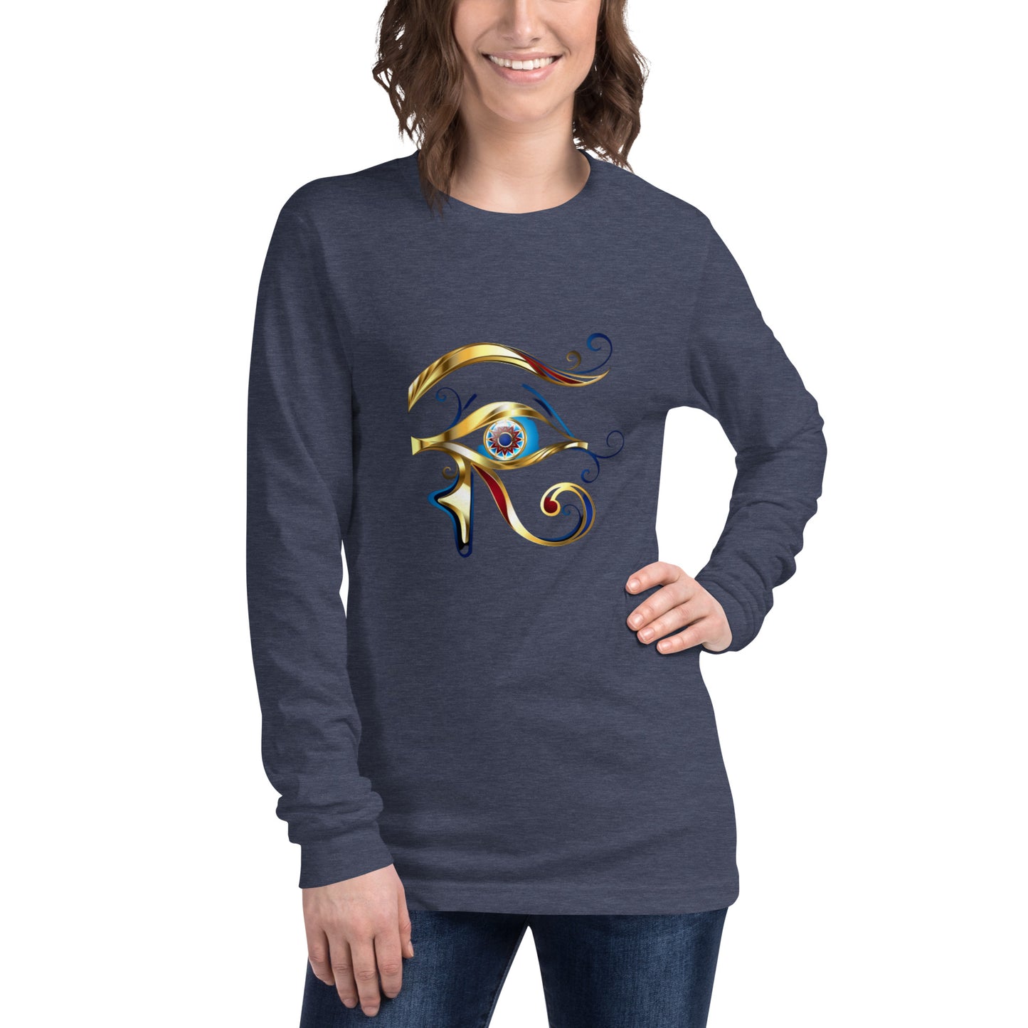 Unisex Long Sleeve Tee - Eye of Horus T-Shirt Refine Zone Heather Navy XS 