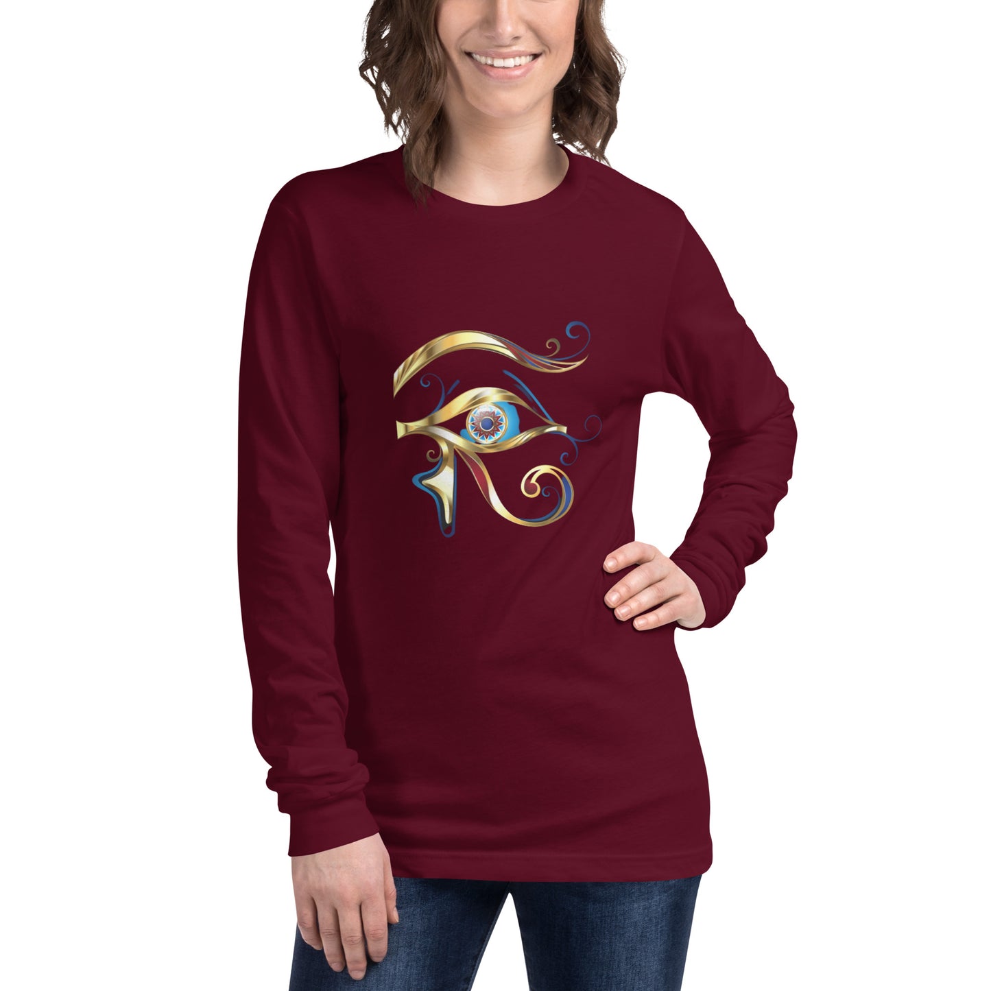 Unisex Long Sleeve Tee - Eye of Horus T-Shirt Refine Zone Maroon XS 