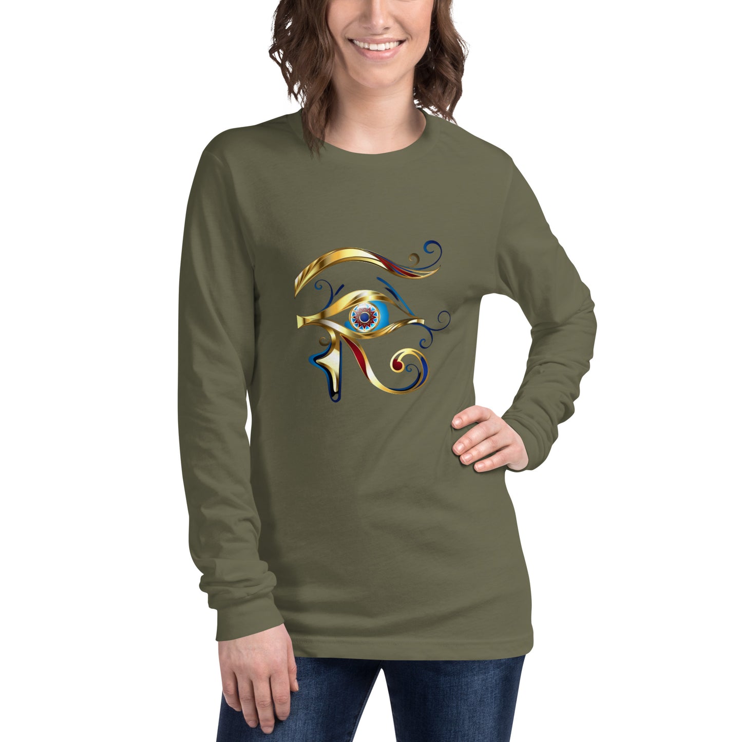 Unisex Long Sleeve Tee - Eye of Horus T-Shirt Refine Zone Military Green XS 