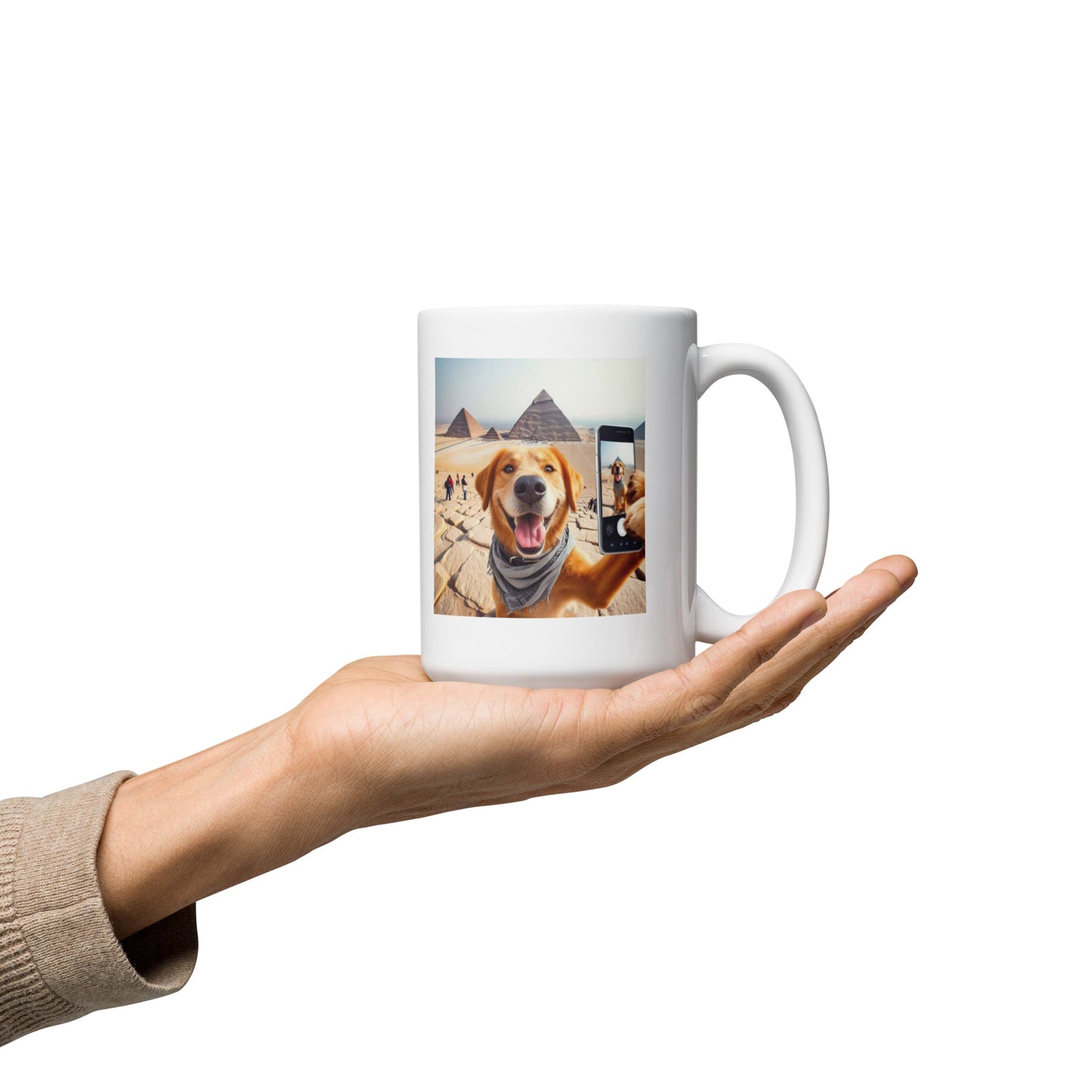 White glossy mug - Dog Selfie at the Pyramids Mugs Refine Zone 15 oz  